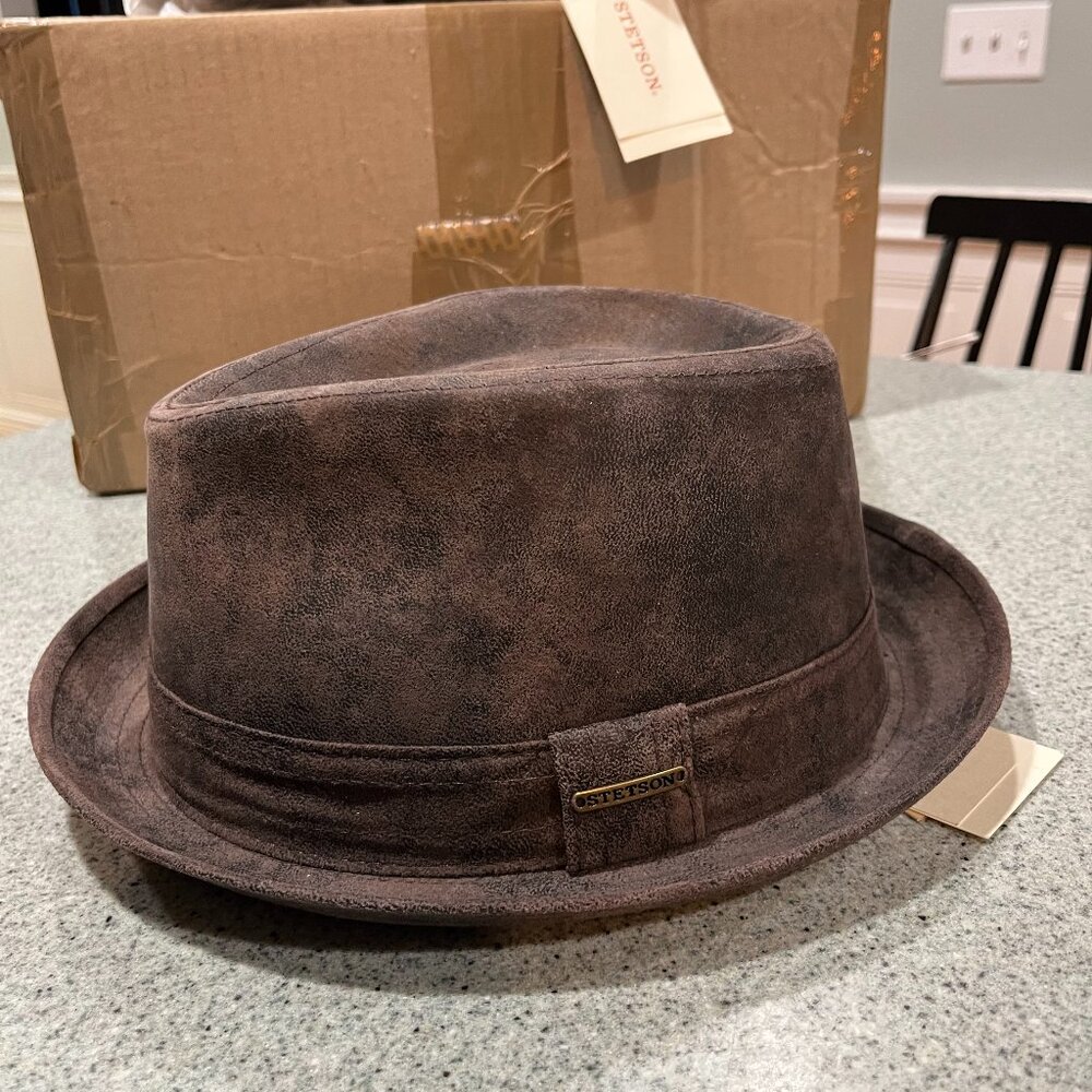 Radcliff Stetson Men‎ XXL Brown Leather Water Repellent Porkpie Hat